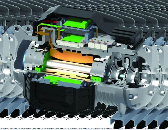 Catalog cutaway rendering of an integrated magnetic-bearing compressor