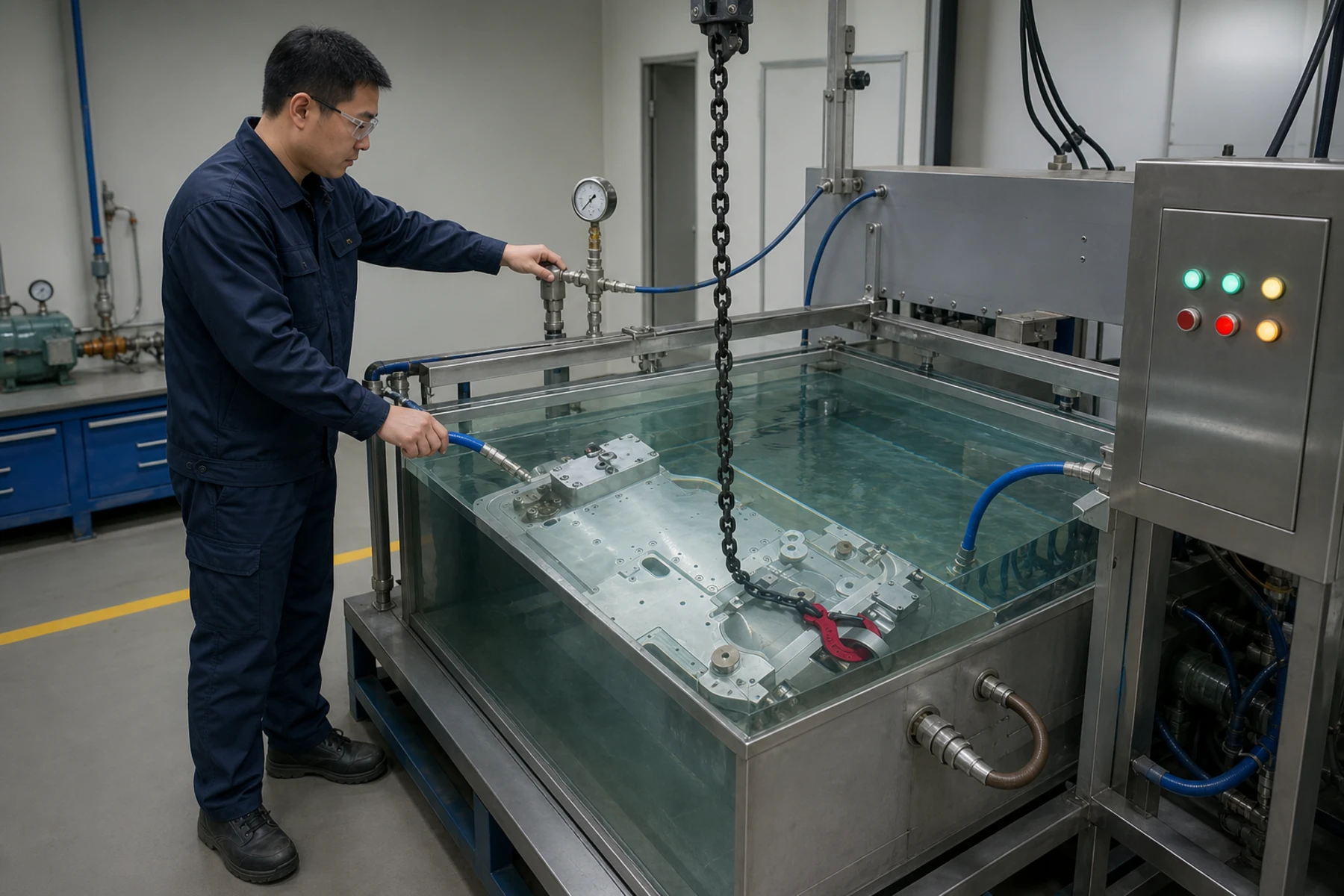 Illustration of a compressor casting submerged during a pressure and immersion test