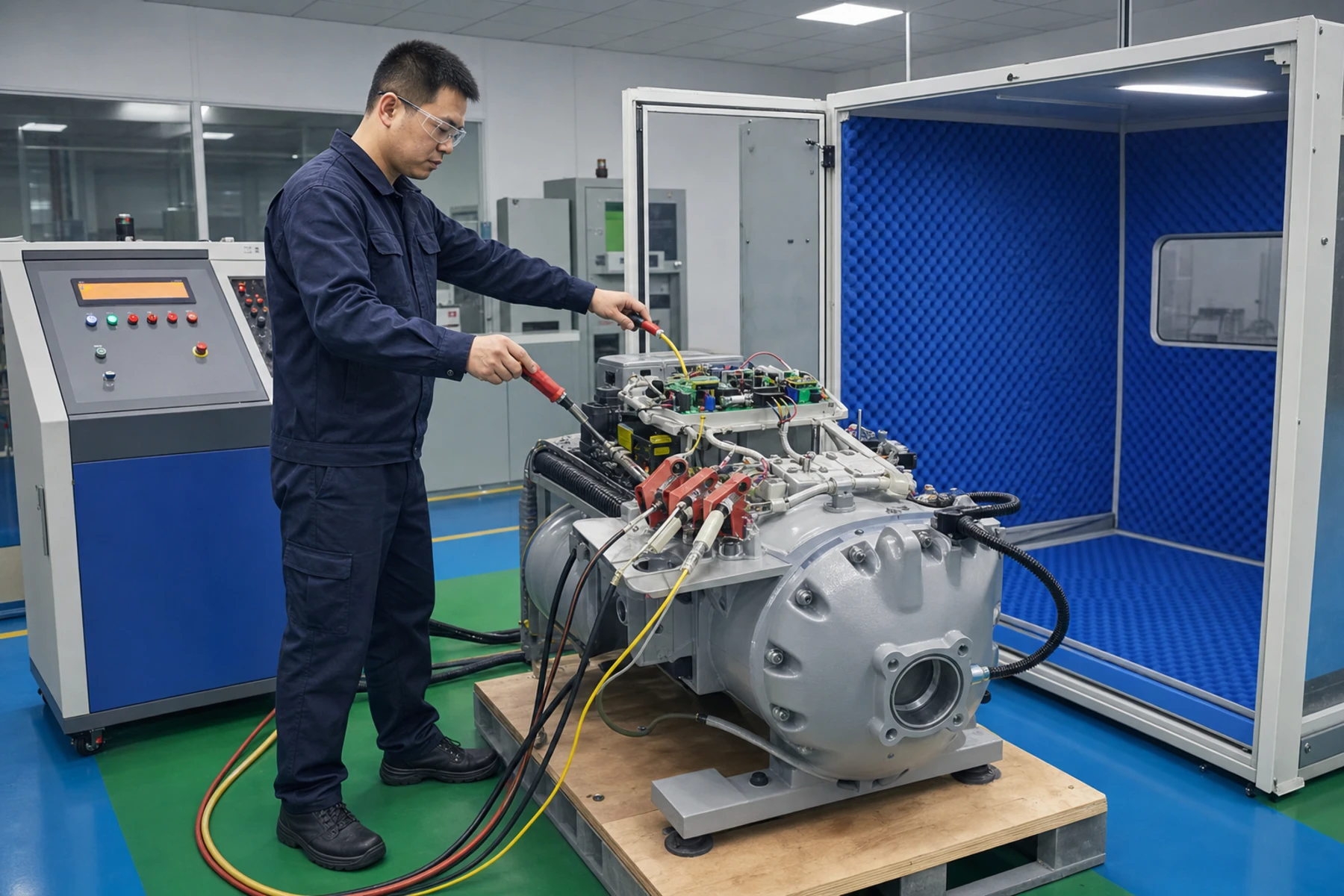 Illustration of electrical safety test equipment connected to an open compressor assembly