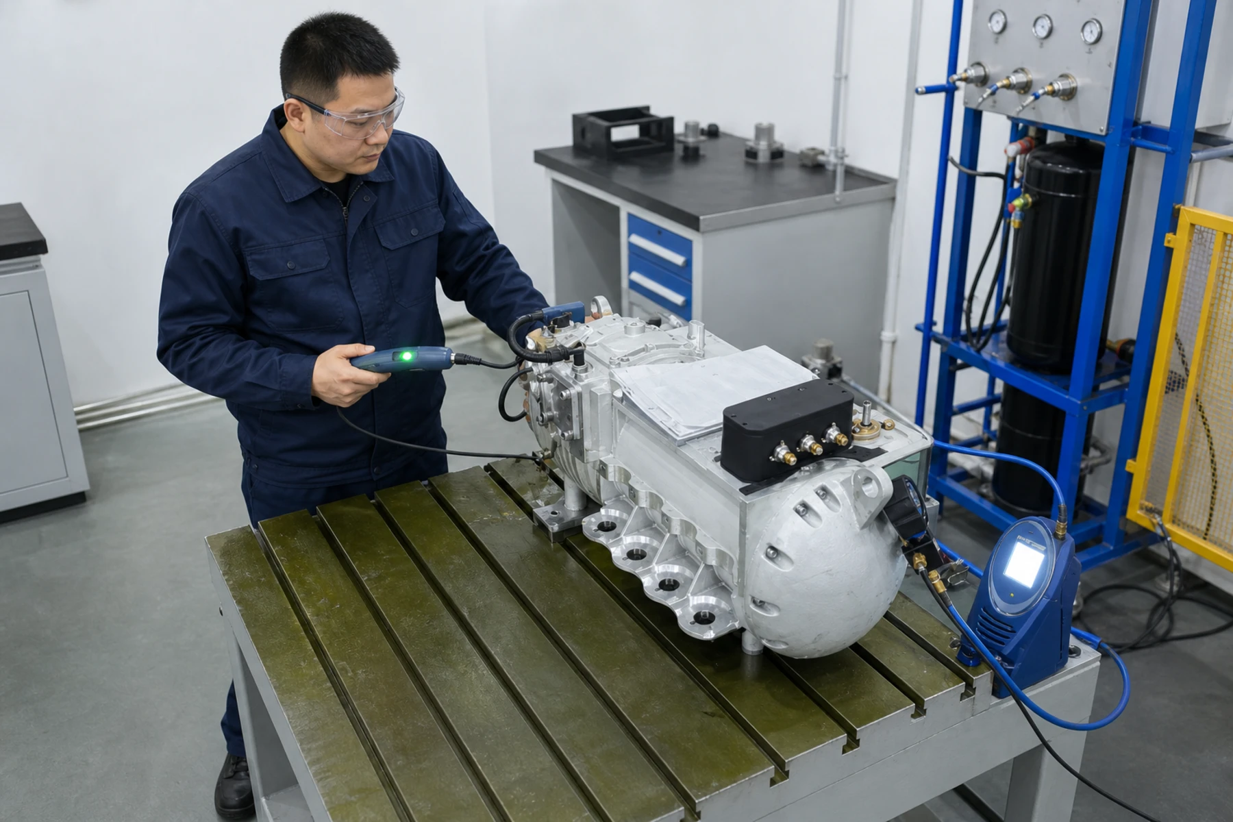 Illustration of a technician carrying out a gas-tightness inspection on a compressor
