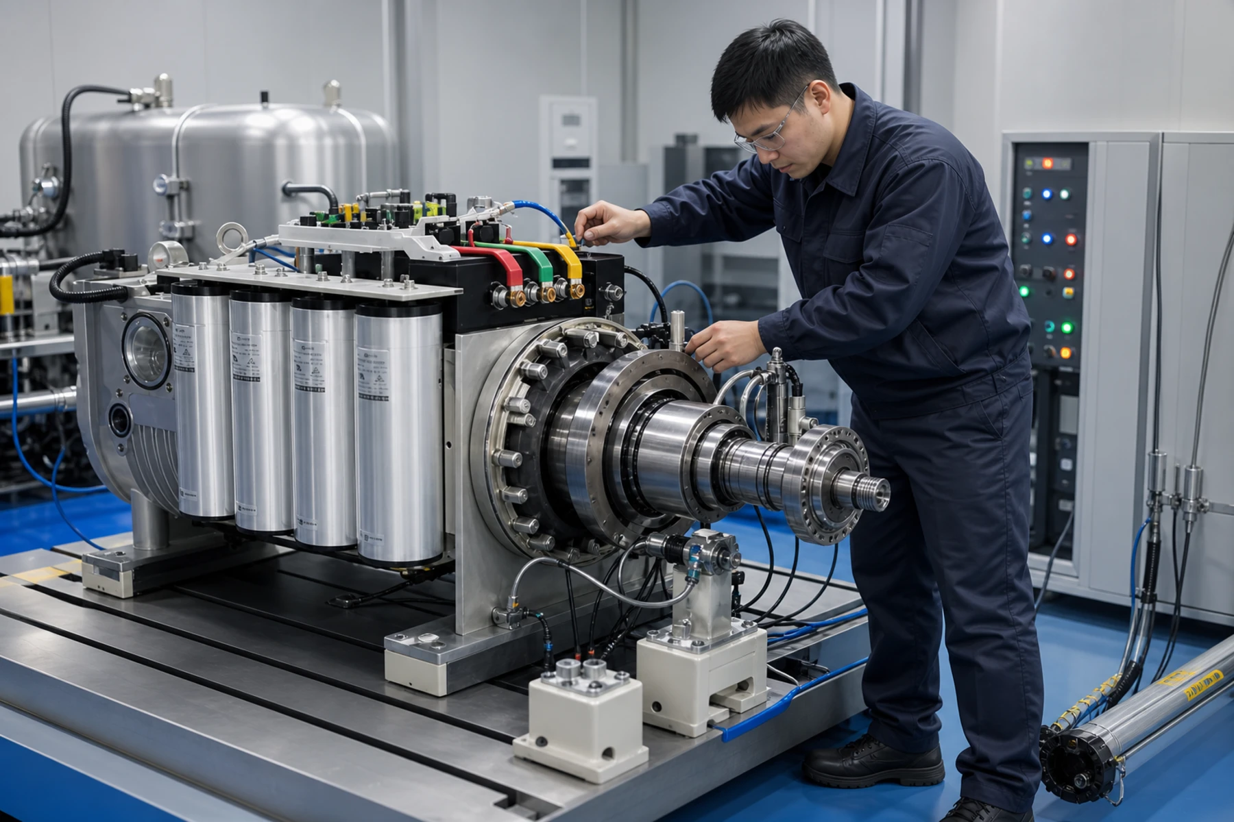 Illustration of a technician inspecting the rotor section of an open compressor