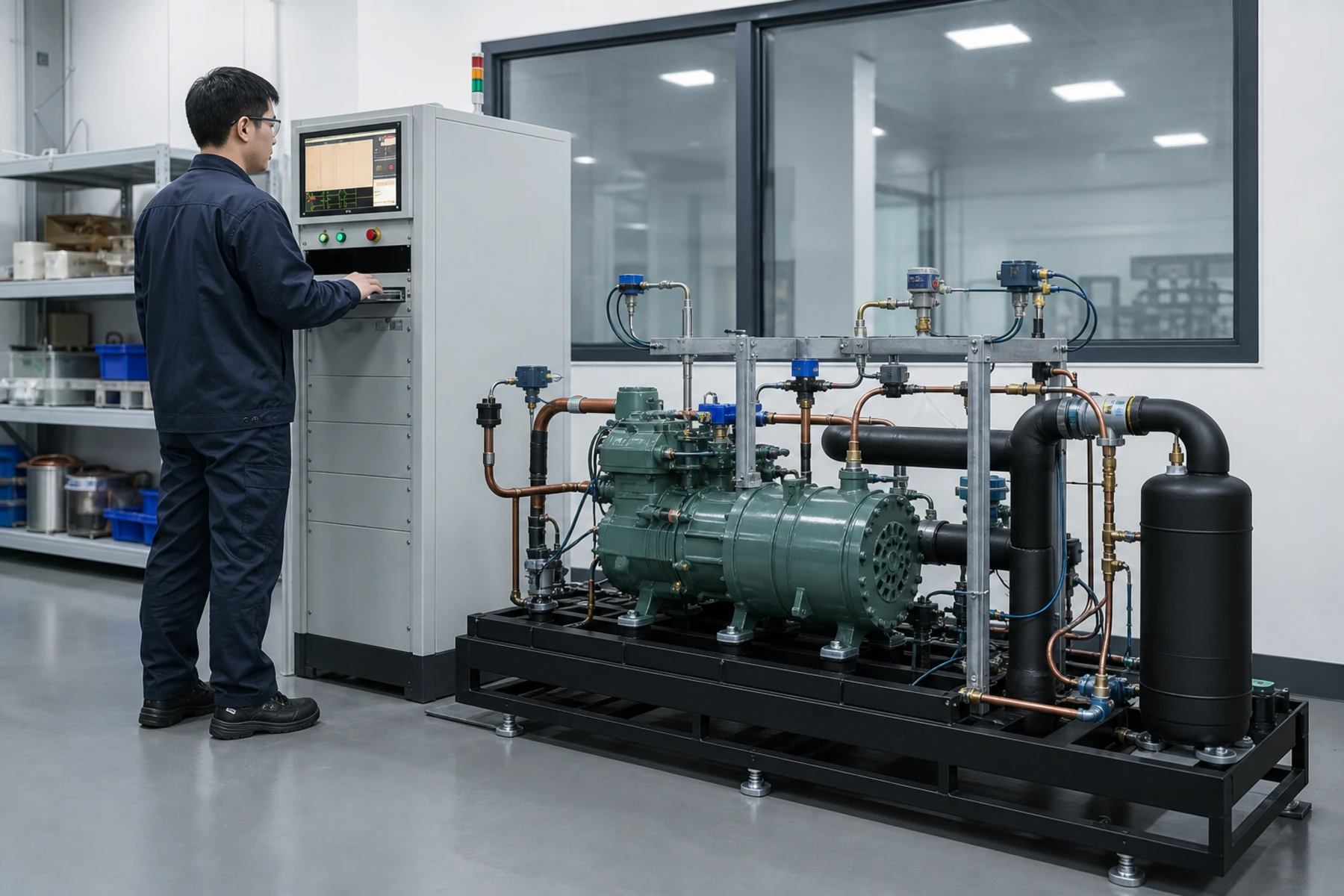 Illustration of a technician operating a compressor test workstation