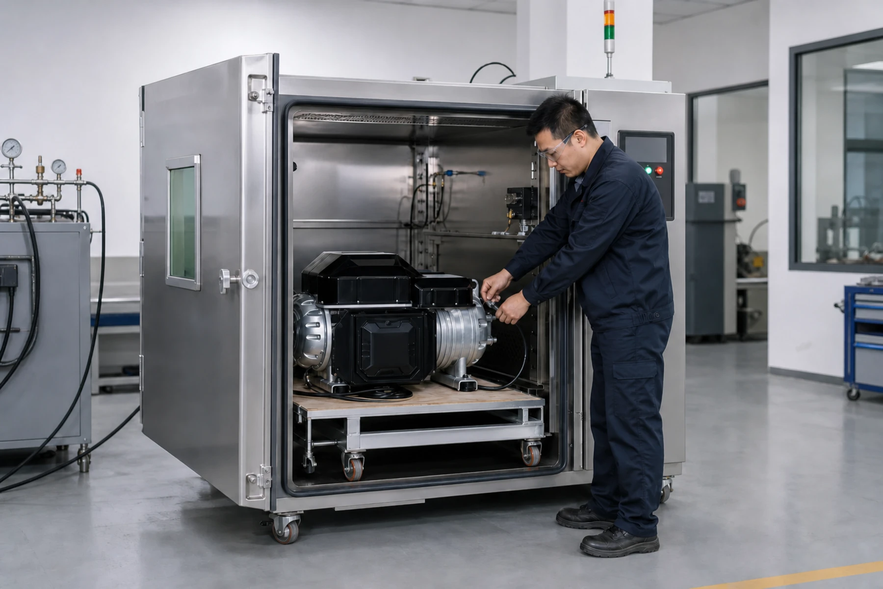 Illustration of compressor equipment inside a temperature test chamber